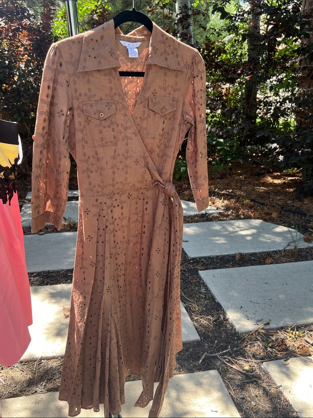 CAbi Tan Eyelet Wrap Midi Dress
